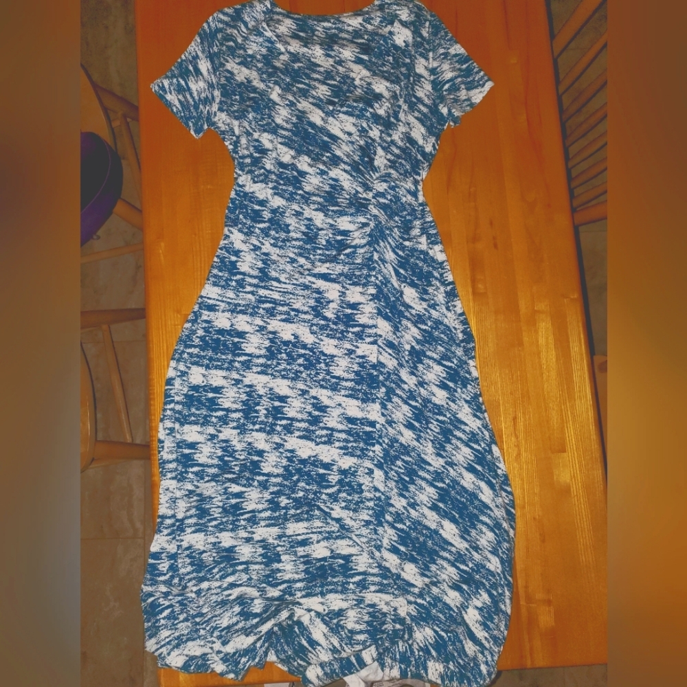 Blue and White Ruched Wrap Long Midi dress
